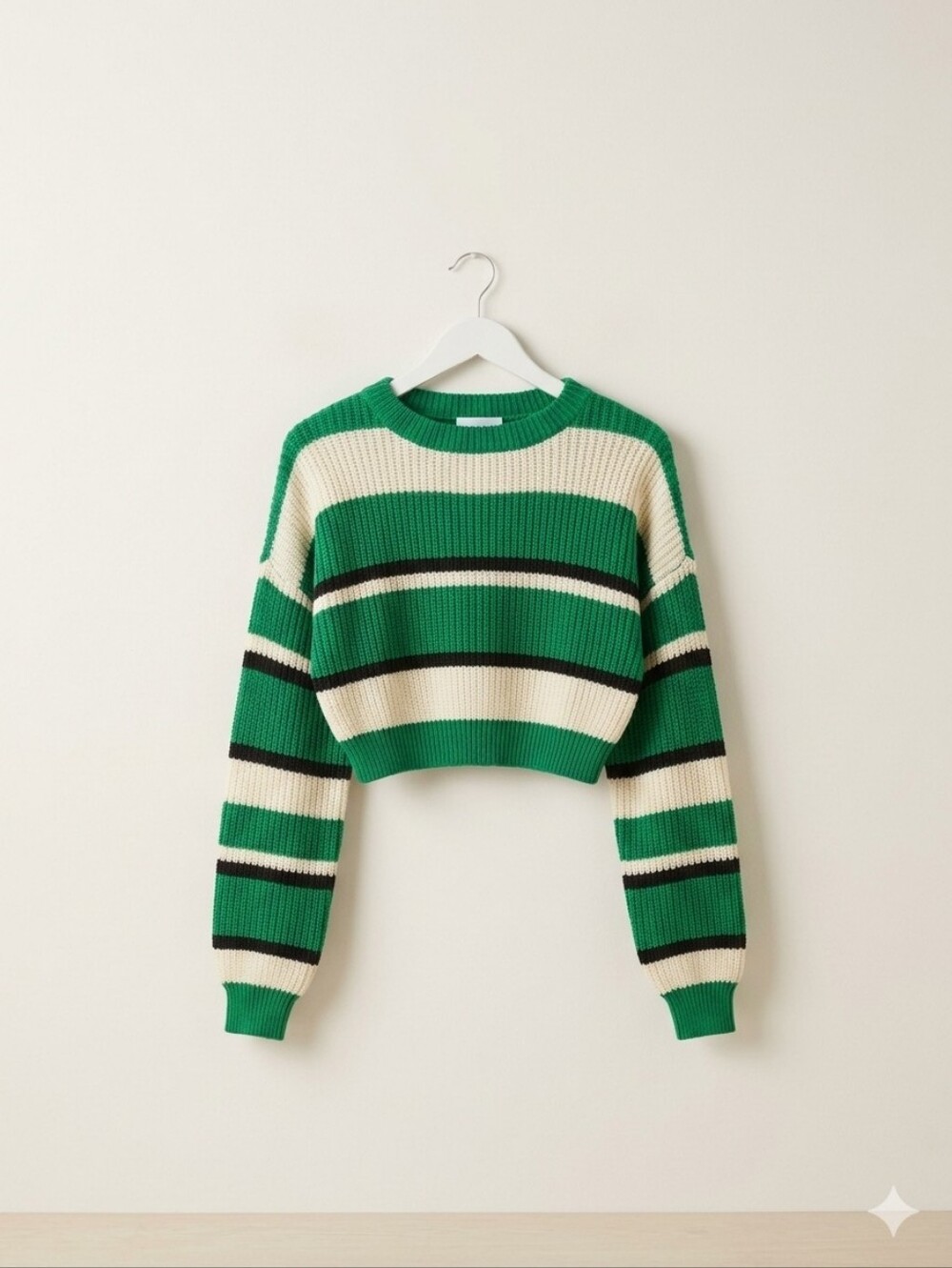 Green & Cream Striped Cropped Sweater